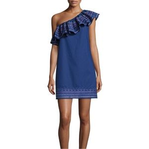 NWT PARKER Katrina Lazuli Blue One Shoulder Embroidered Ruffle Mini Dress